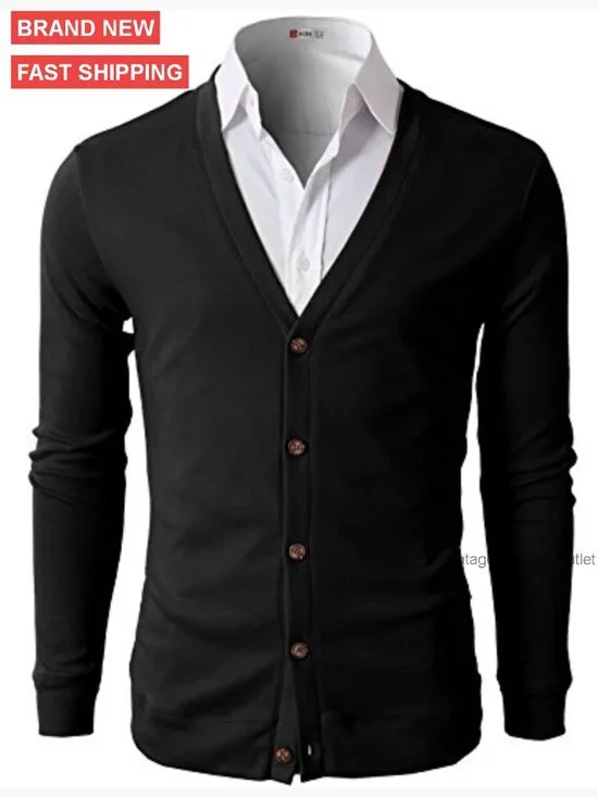 Men's Slim Fit V-Neck Cardigan, Cotton Blend, Long Sleeve Button Down - Picture 3 of 7
